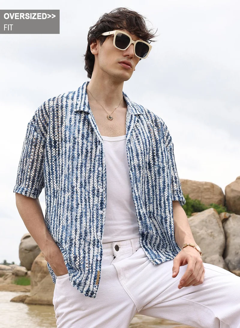 Campus Sutra Campus Sutra Men's Navy Blue & Ivory White Ombre-Striped Oversized Shirt For Casual Wear | Cuban Collar | Short Sleeve | Button Closure | Oversized Shirt Crafted With Comfort Fit For Everyday Wear