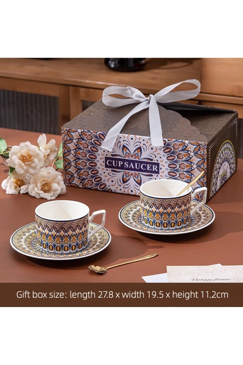 Luxury Ceramic Coffee Cup Set & Mug Gift Collection (2 Cups, 2 Saucers, 2 Petal-Shaped Golden Spoons) - Desert Glow Artistry, Fusion of Bohemian Spirit and Middle Eastern Craftsmanship, Premium Gift for Home, Office, and Gatherings  - Image 1
