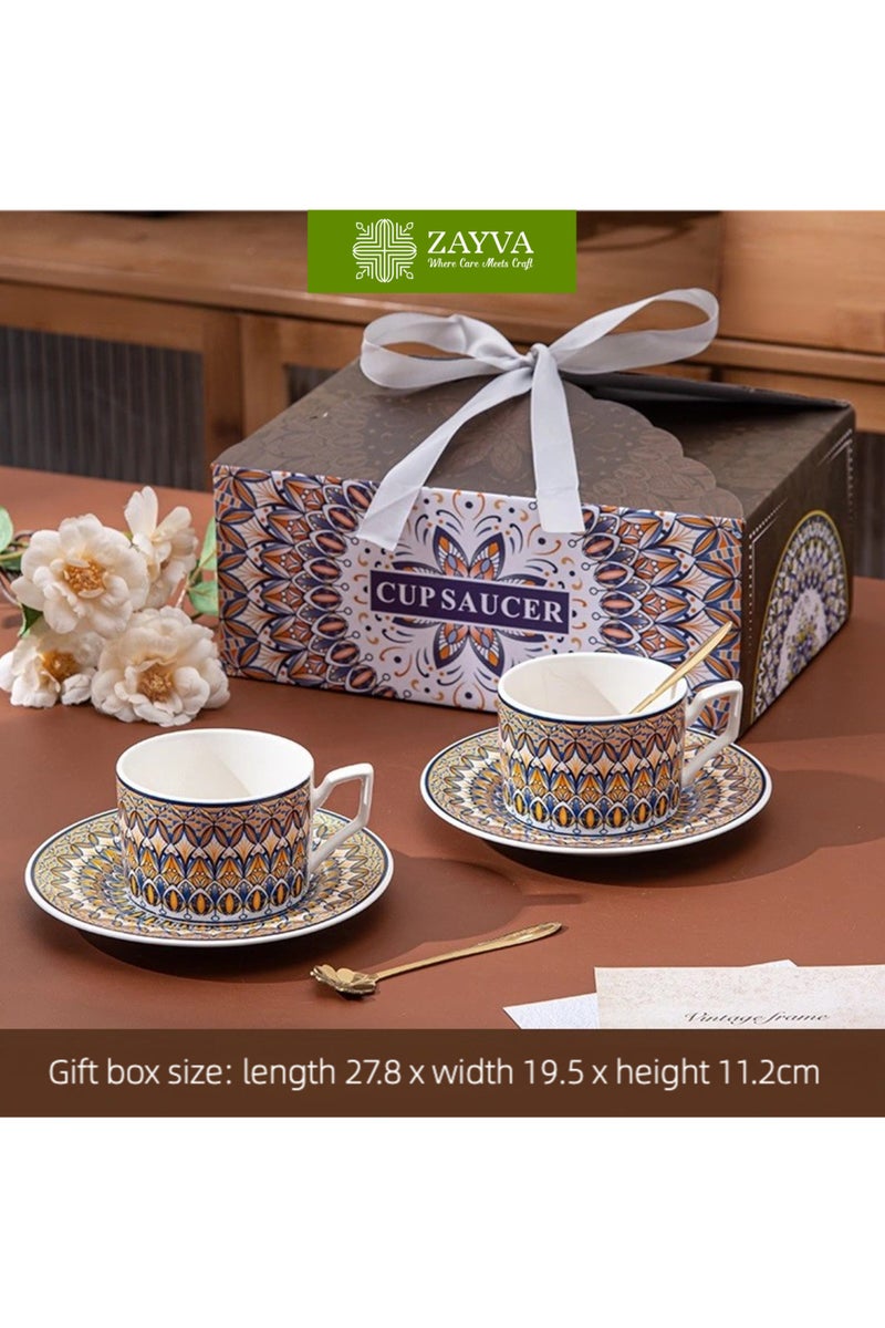ZAYVA Luxury Ceramic Coffee Cup Set & Mug Gift Collection (2 Cups, 2 Saucers, 2 Petal-Shaped Golden Spoons) - Desert Glow Artistry, Fusion of Bohemian Spirit and Middle Eastern Craftsmanship, Premium Gift for Home, Office, and Gatherings - Image 1
