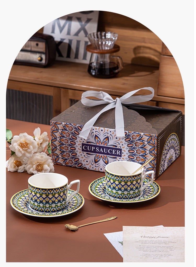 Luxury Ceramic Coffee Cup Set & Mug Gift Collection (2 Cups, 2 Saucers, 2 Petal-Shaped Golden Spoons) - Desert Glow Artistry, Fusion of Bohemian Spirit and Middle Eastern Craftsmanship, Premium Gift for Home, Office, and Gatherings  - Image 4