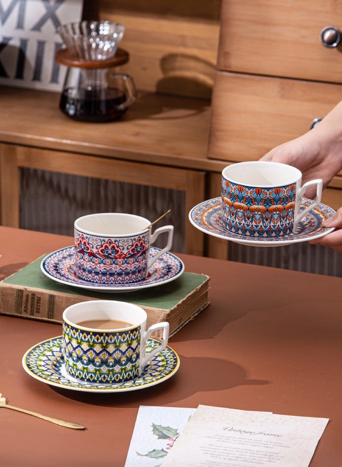 Luxury Ceramic Coffee Cup Set & Mug Gift Collection (2 Cups, 2 Saucers, 2 Petal-Shaped Golden Spoons) - Desert Glow Artistry, Fusion of Bohemian Spirit and Middle Eastern Craftsmanship, Premium Gift for Home, Office, and Gatherings  - Image 5