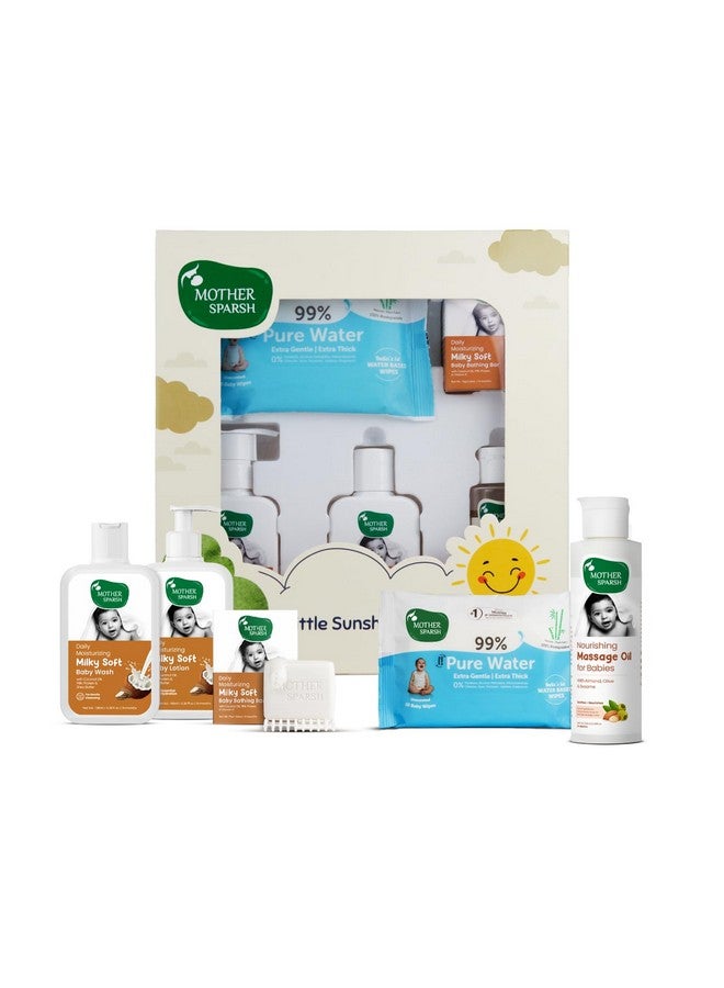 موذر سبارش مجموعة هدايا Mother Sparsh للأطفال | عبوة مكونة من 5 مستحضرات أساسية للعناية ببشرة الطفل | تتضمن مناديل الأطفال، وغسول الأطفال، وغسول الأطفال، وصابون الاستحمام للأطفال، وزيت تدليك الأطفال - Image 1
