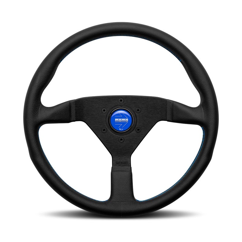MOMO Motorsport Montecarlo Street Steering Wheel Black Leather Grip Brushed Black Anodized Spoke Finish Blue Stitching 350mm