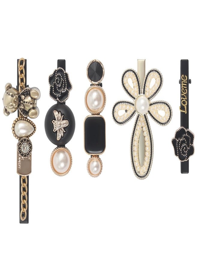Merdia Simulated Pearl Hair Clips for Women | Unique Patterns & Shapes Barrettes for Thick Hair | Hair Barrettes for Women, Short Hair Accessories | Alligator Bobby Clips for Hair (Golden & Black) - Image 1