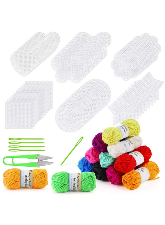 بليلي مجموعة قماش شبكي بلاستيكي من Pllieay مكونة من 60 قطعة تتضمن 6 أشكال من قماش بلاستيكي شفاف مقاس 3 بوصات، و12 لونًا من خيوط الأكريليك وأدوات للتطريز والحرف اليدوية على القماش البلاستيكي، ومشاريع الحياكة والكروشيه - Image 1