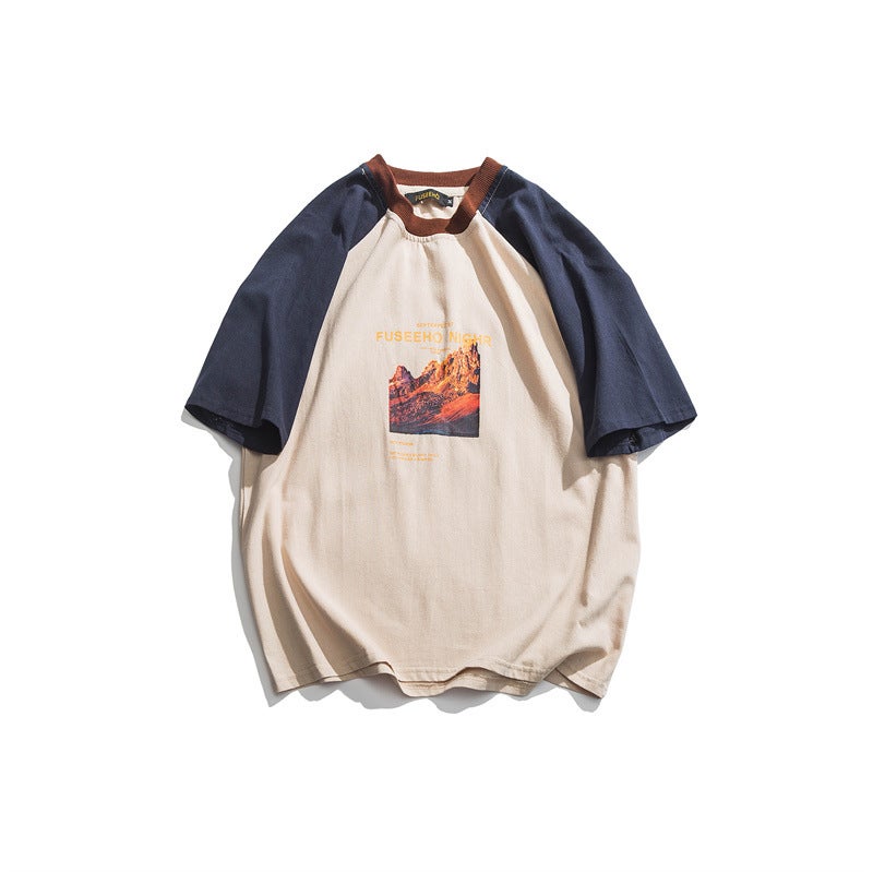 Summer Vintage Contrast Color Cotton And Linen T-Shirt Men'S Japanese Retro Pattern Printed Round Neck Loose Artistic T-Shirt - Image 2
