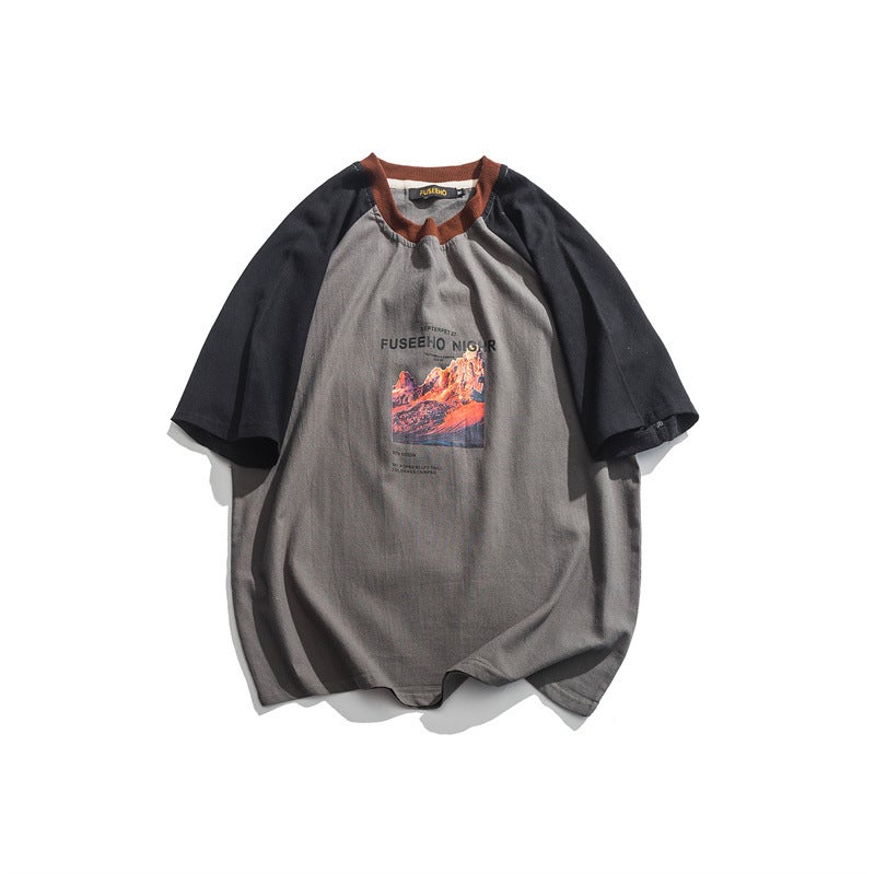 Summer Vintage Contrast Color Cotton And Linen T-Shirt Men'S Japanese Retro Pattern Printed Round Neck Loose Artistic T-Shirt - Image 4