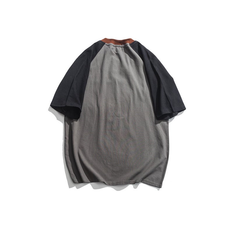 Summer Vintage Contrast Color Cotton And Linen T-Shirt Men'S Japanese Retro Pattern Printed Round Neck Loose Artistic T-Shirt - Image 5