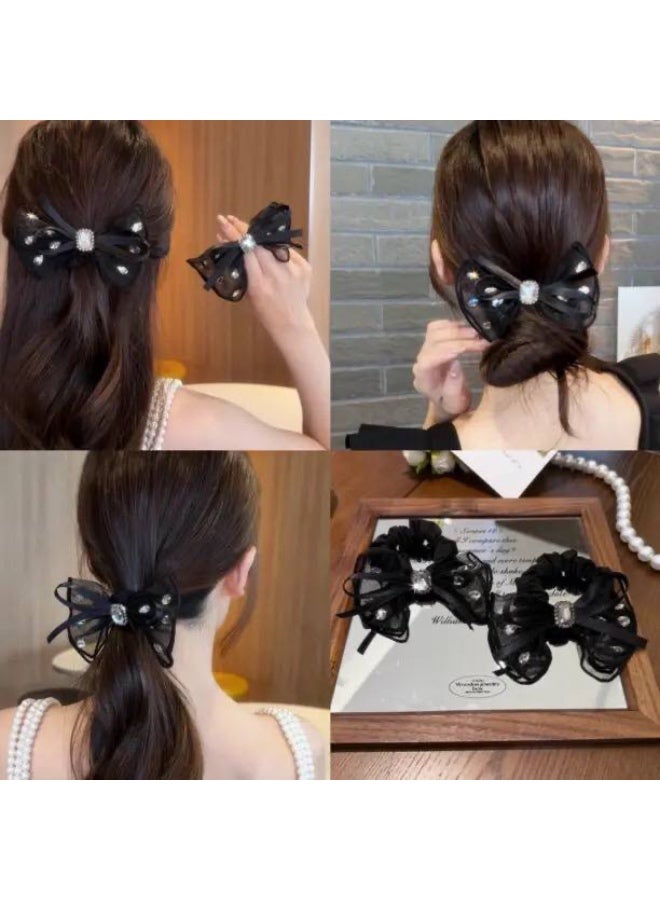 Black Crystal Bow Hair scrunchie  for Girls & Women suitable for school and everyday wear - Image 3