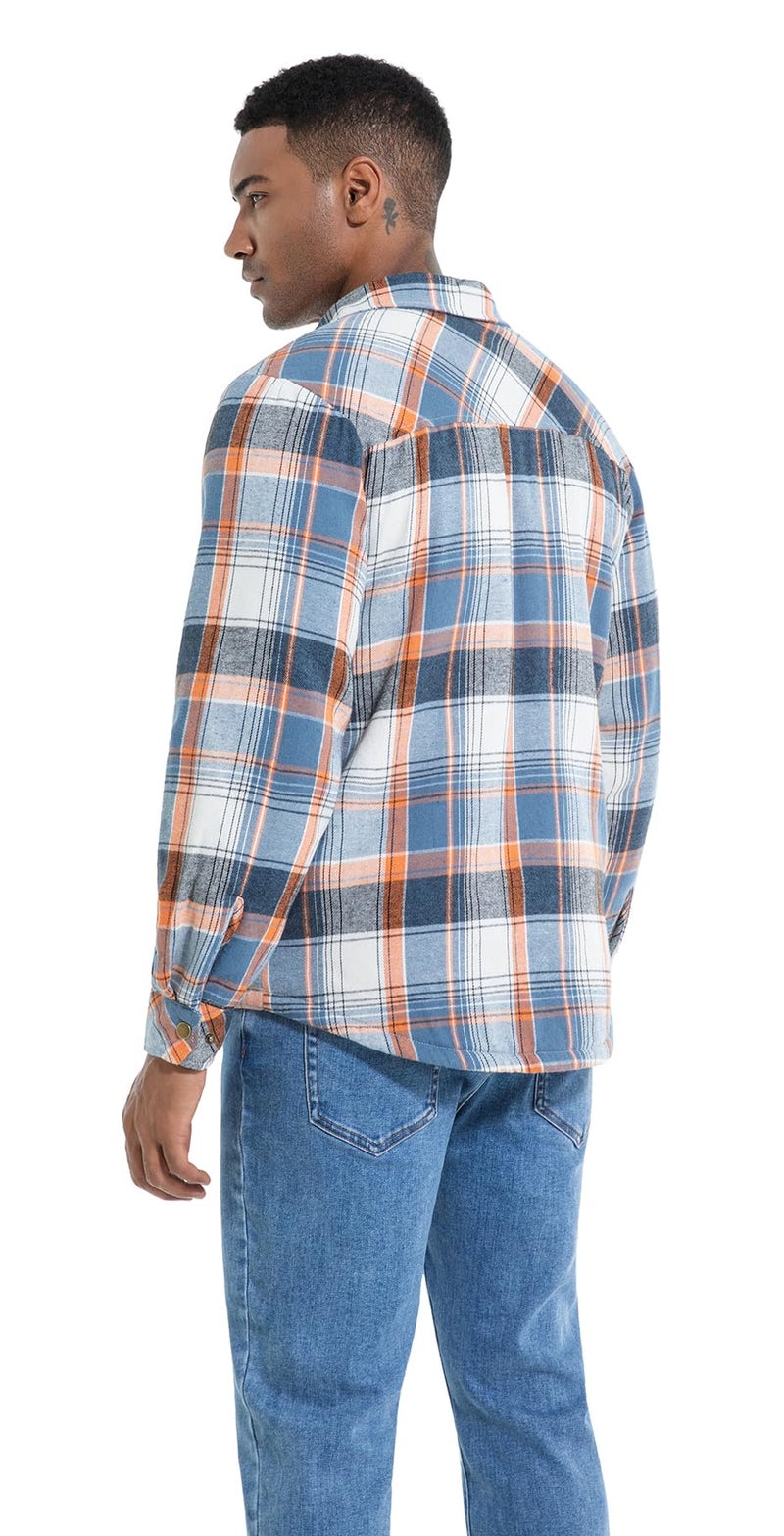 Puwasa Men's Sherpa Lined Cotton Flannel Shirt Jacket Plaid Button Up Jacket Coat for Men with Pocket Blue Large - Image 5