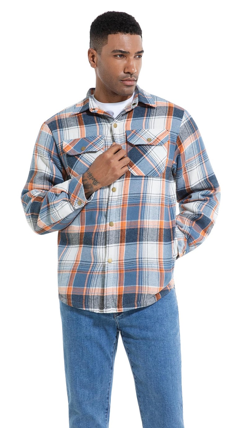 Puwasa Men's Sherpa Lined Cotton Flannel Shirt Jacket Plaid Button Up Jacket Coat for Men with Pocket Blue Large - Image 3