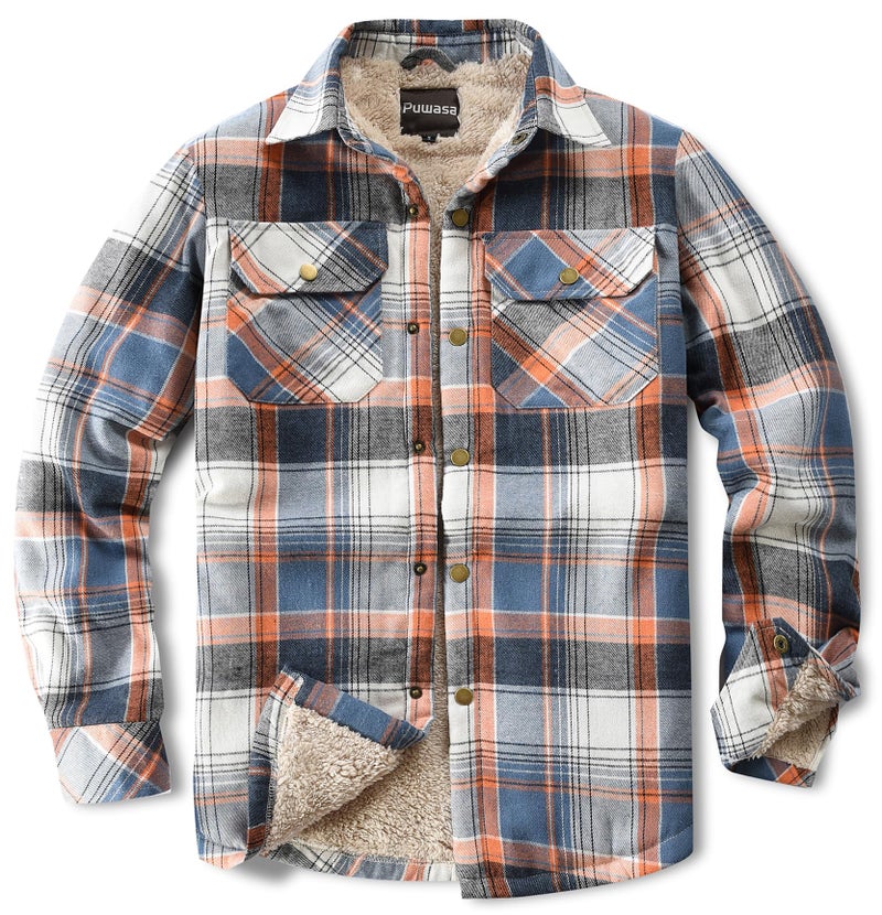 Puwasa Men's Sherpa Lined Cotton Flannel Shirt Jacket Plaid Button Up Jacket Coat for Men with Pocket Blue Large - Image 1