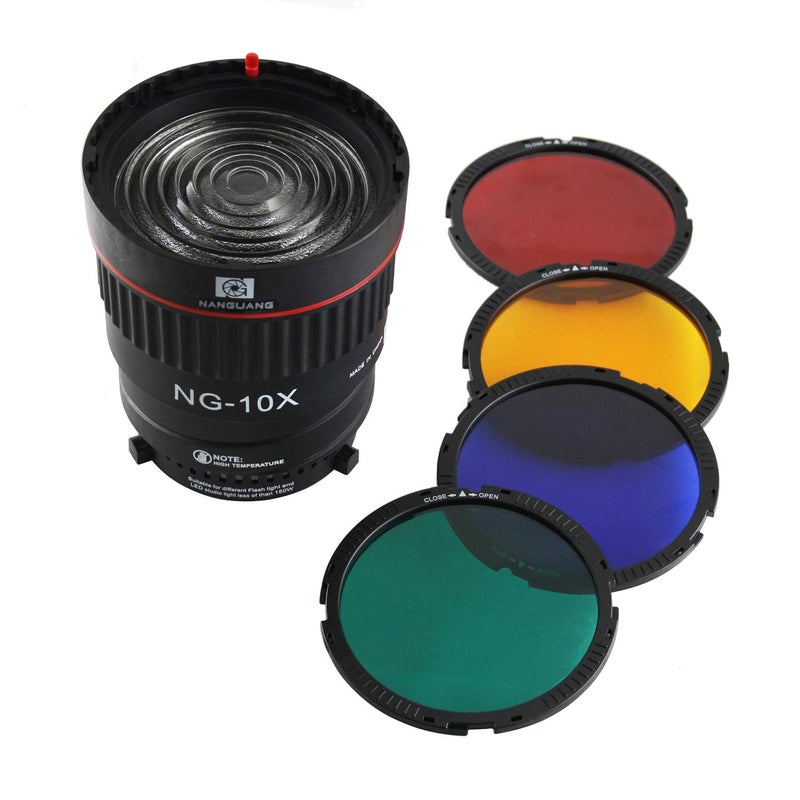 EXMAX NG-10X Fresnel Lens Focusing Adapter Fresnel Spot S-Mount Adapter Attachment 10-40Â° 5X Brighter Focus Lens Adjust for godox sl-60w Bowens Mount Studio Light Flash LED Light 4 Color Gel Filters - Image 1