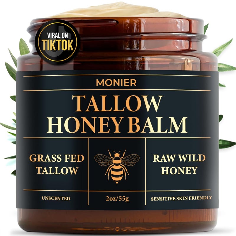 MONIER Beef Tallow and Honey Balm for Skin and Face â€“ Moisturizer with 100% Organic Grass-Fed Beef Tallow & Raw Wild Honey â€“ Natural Formula for Dry & Sensitive Skin â€“ 2oz, Unscented - Image 1