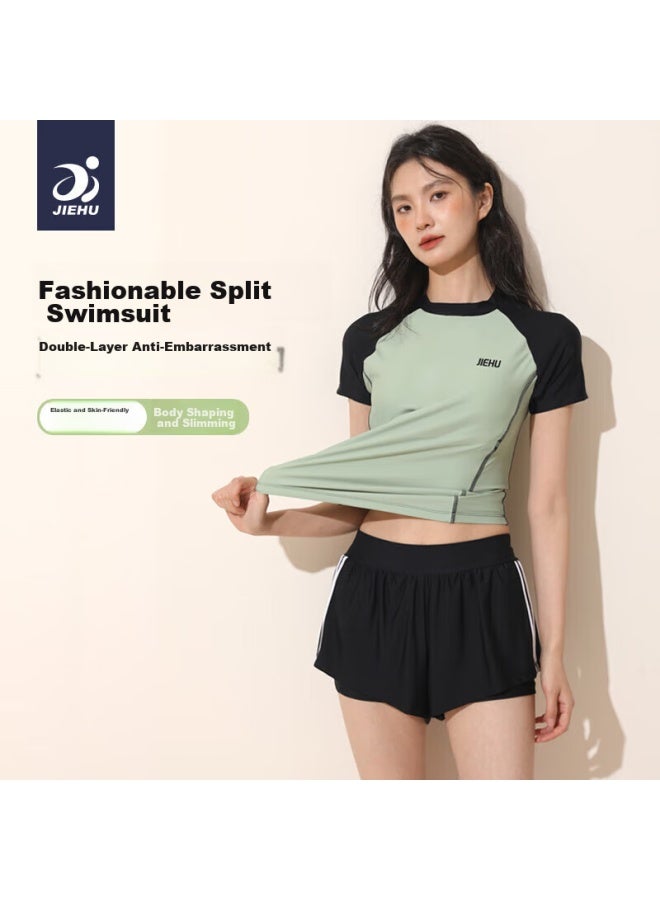 Jiehu Women's Two-piece Swimsuit, Conservative, Tummy Control, Slimming, Chlorine-resistant, Quick-drying, For Hot Springs And Swimming, Dark Green, XL