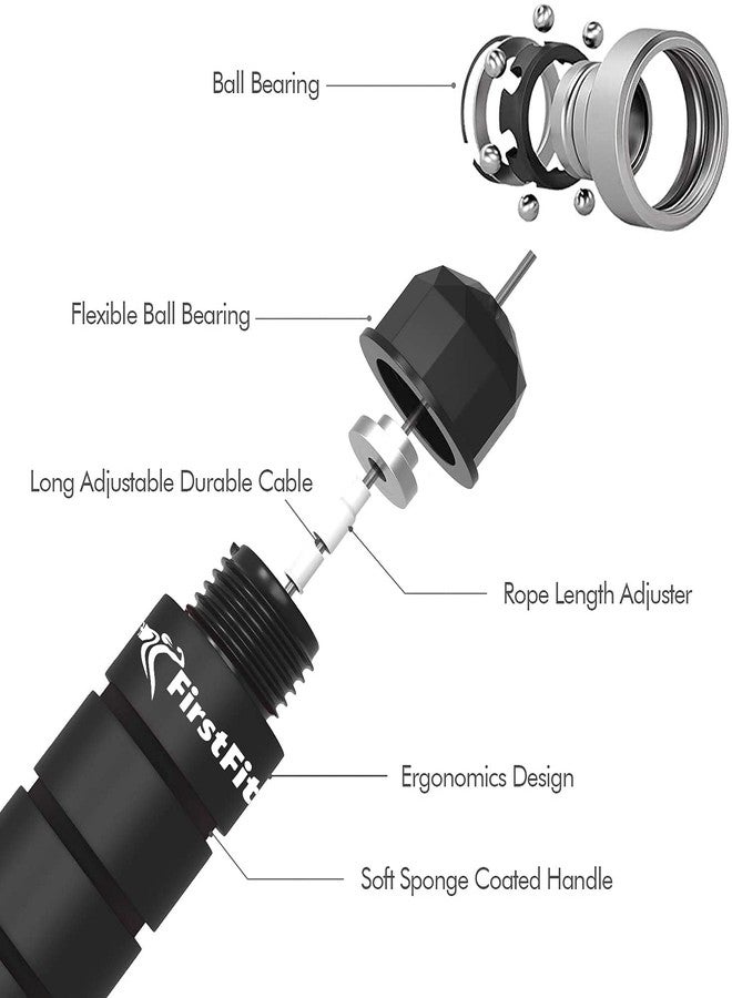 حبل قفز فيرست فيت، حبل قفز سريع وخالٍ من التشابك مزود بمحامل كروية للنساء والرجال والأطفال، حبل قفز فولاذي قابل للتعديل بمقابض إسفنجية - أسود - Image 4