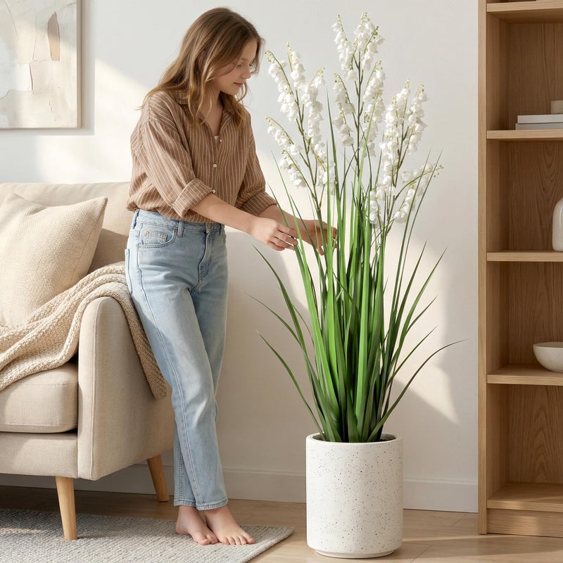 Ttranewsoo Artificial Tall Grass Plants with Pots 36" 1 Pack Lily of The Valley Artificial Grass Home Interior Decorating and Outdoor Garden Decorations(White) - Image 1