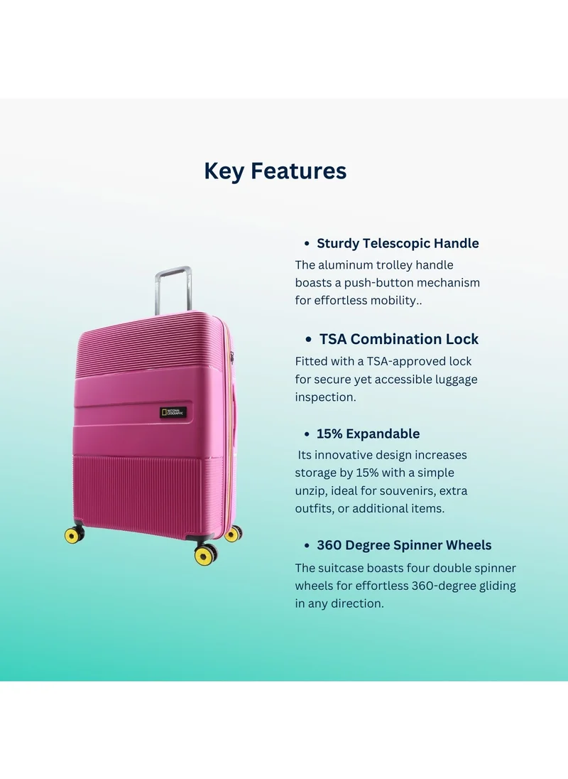 NATIONAL GEOGRAPHIC National Geographic Cavern Check-In Medium PP Hardside Luggage Fuchsia Pink, Durable/ Unbreakable/ Lightweight/ Anit-theft Zipper/ 4 Double Wheel TSA Lock Suitcase Trolley Bag (60 cm/ 24 Inch).