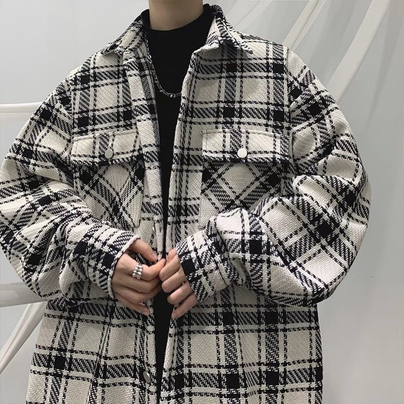 2024 Plaid Shirt Jacket Mens Korean Casual Loose Black  - Image 5