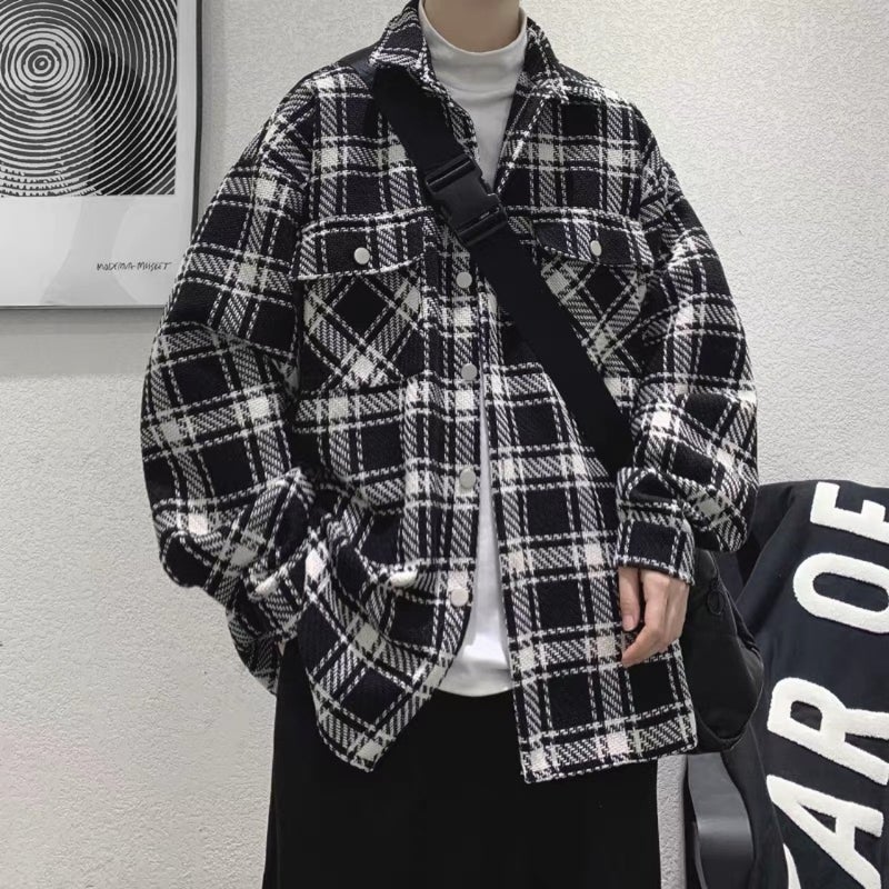 2024 Plaid Shirt Jacket Mens Korean Casual Loose Black  - Image 4