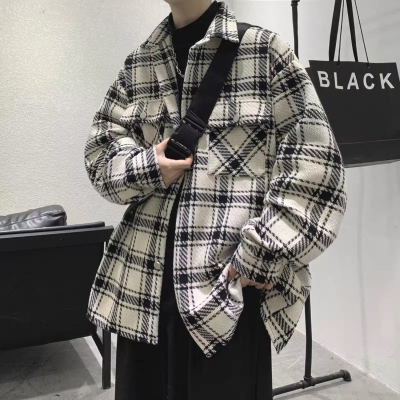2024 Plaid Shirt Jacket Mens Korean Casual Loose Black  - Image 3