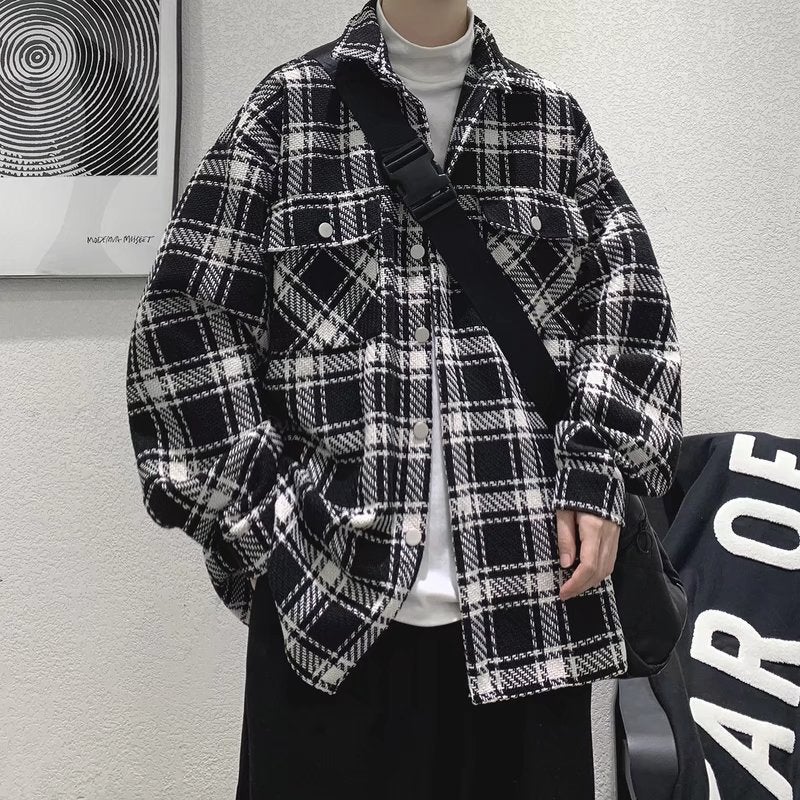2024 Plaid Shirt Jacket Mens Korean Casual Loose Black  - Image 1