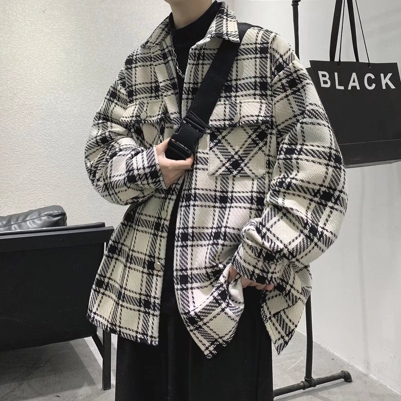 2024 Plaid Shirt Jacket Mens Korean Casual Loose Black  - Image 2