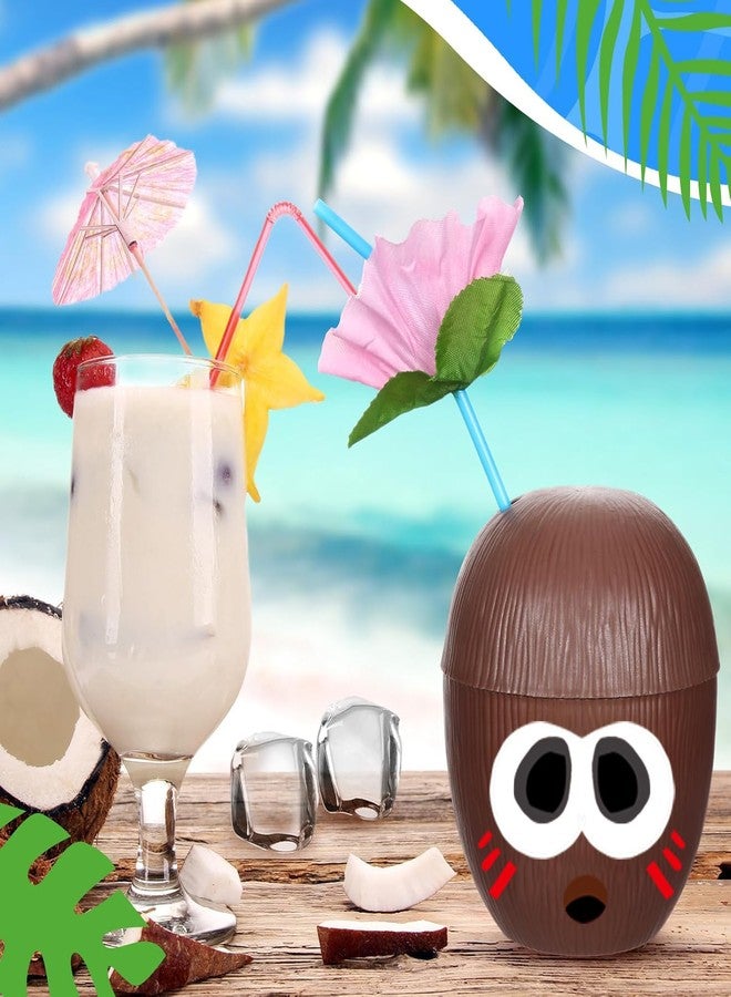 PAKCHOICE 12 Pack Reusable Coconut Cups with Lids and Straws, Thickened BPA-Free Tropical Party Drinkware for Luau Tiki Beach Birthday Decorations, Includes 12 Flower Toppers & 12 Tropical Stickers - Image 4