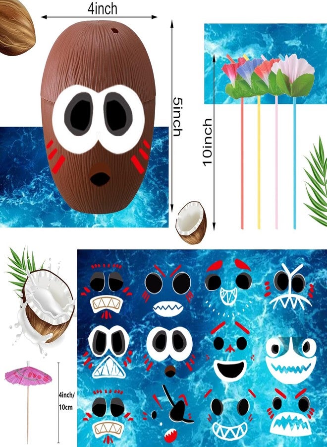 PAKCHOICE 12 Pack Reusable Coconut Cups with Lids and Straws, Thickened BPA-Free Tropical Party Drinkware for Luau Tiki Beach Birthday Decorations, Includes 12 Flower Toppers & 12 Tropical Stickers - Image 2