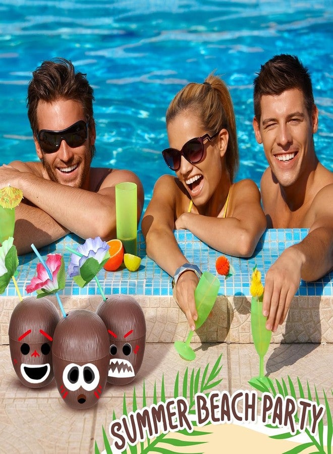 PAKCHOICE 12 Pack Reusable Coconut Cups with Lids and Straws, Thickened BPA-Free Tropical Party Drinkware for Luau Tiki Beach Birthday Decorations, Includes 12 Flower Toppers & 12 Tropical Stickers - Image 5