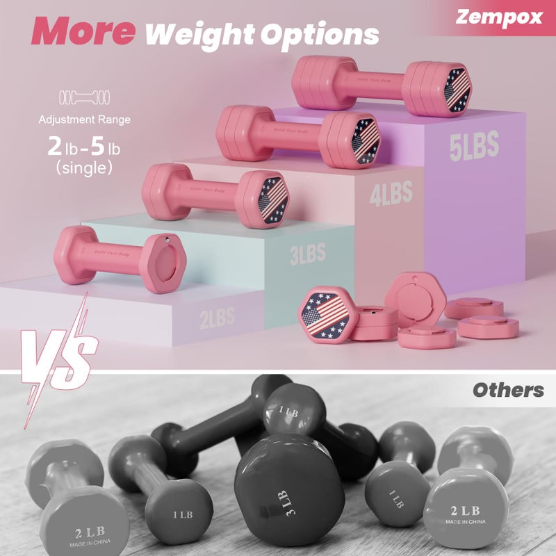 Zempox Adjustable Dumbbell Set of 2, 4 in 1 Hand Weights for Women at Home, 5 lb Weights Dumbbells set of 2, Each 2lb 3lb 4lb 5lb with TPU Soft Rubber Handle for Home Gym Exercise Training, Pink - Image 3