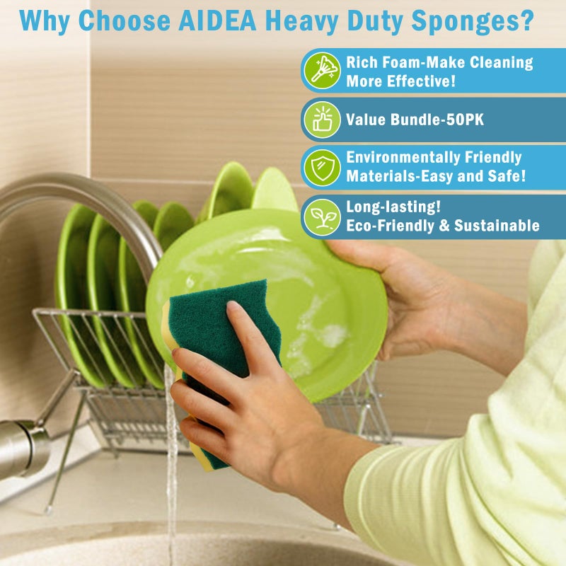 AIDEA Sponges Kitchen, 50 Pack Heavy Duty Dish Sponge, Cleaning Dish Scrubber Sponge for Home and Kitchen, Stink-Free Cleaning Supplies for Pots, Pans - Image 4
