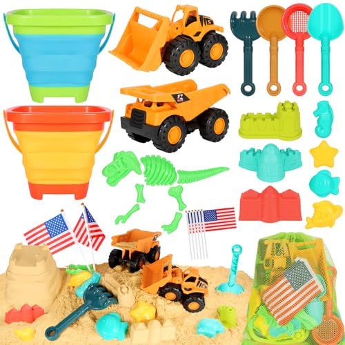 HUITEM Beach Sand Toys for Kids 29PCS Sandbox Toys with 2 Collapsible Bucket Sand 2 Dump Truck Dinosaur Molds Castle Building Kit Shovel SieveFlagsMesh Bag Travel Beach Toys for Toddler 310 - Image 1