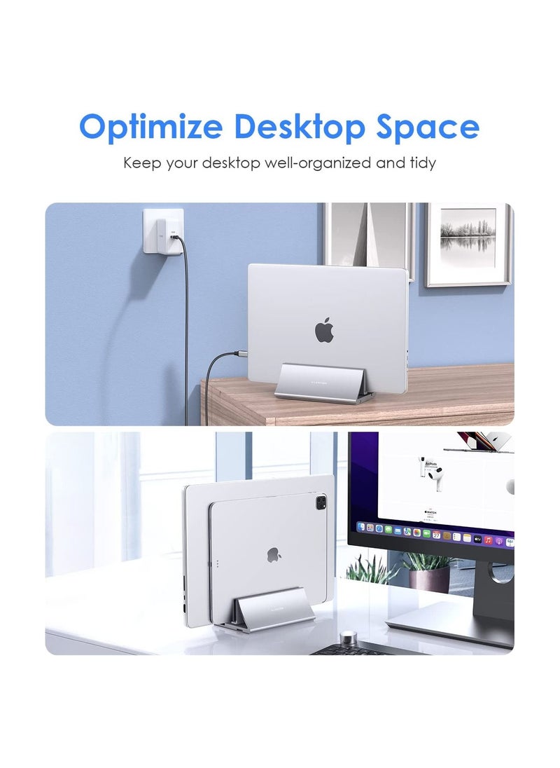Aluminum Space Saving Vertical Desktop Stand Compatible for MacBook Air Pro 13 15 MacBook 12 iPad Pro 12.9 Surface Book Chromebook and 11 to 17 inch Laptops Silver