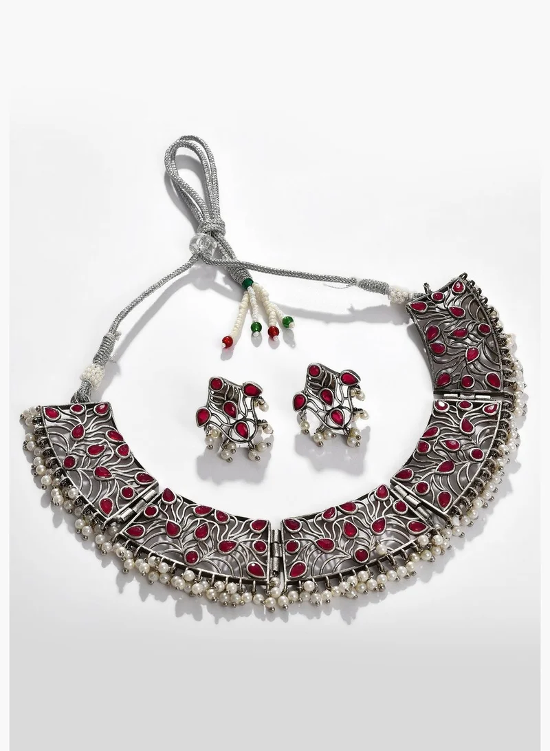 SOHI Silver Plated Designer Stone Necklace and Earrings Set