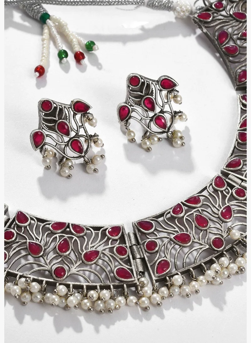 SOHI Silver Plated Designer Stone Necklace and Earrings Set