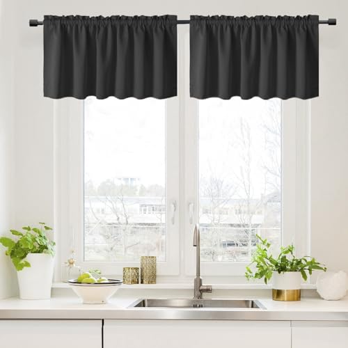 Gxi Black Kitchen Curtain 20 Inches Length Rod Pocket Blackout Tiers for Bathroom Short Curtain Drape Window Treatment Valance for Bay Windows, 2 Panels W39 x L20 inch - Image 2