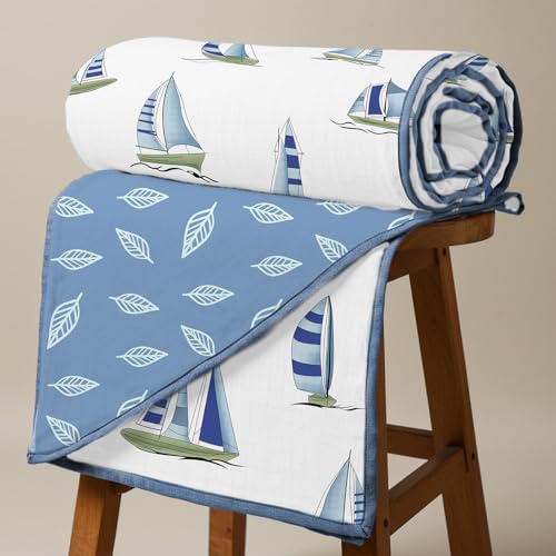 Urban Space 100% Cotton Malmal Double Bed Dohar, All Season Reversible Blanket, Soft, Lightweight and Breathable Ac Dohar/Quilt/Blanket/for Bed, Couch Sofa AC Blanket (86 x 95 inch, Ocean Boats Blue) - Image 1