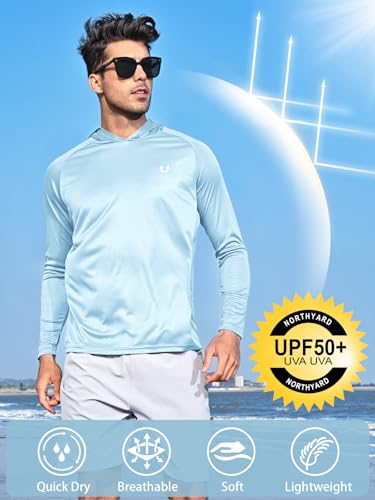 NORTHYARD هودي للرجال من NORTHYARD بUPF 50+ بأكمام طويلة لحماية من الشمس لصيد السمك والسباحة والشاطئ مع حماية من الأشعة فوق البنفسجية SPF سريع الجفاف وخفيف الوزن باللون الأزرق السماوي M - Image 2