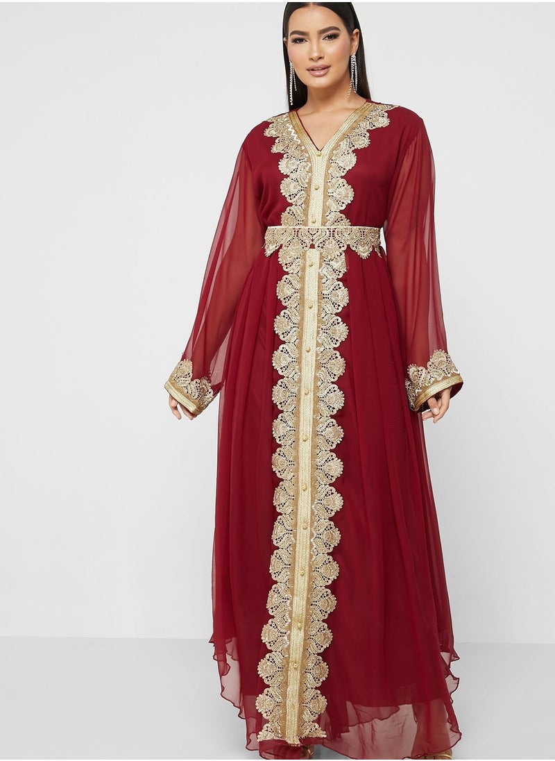hayas closet Embellished V-Neck Belted Dress  - Image 1