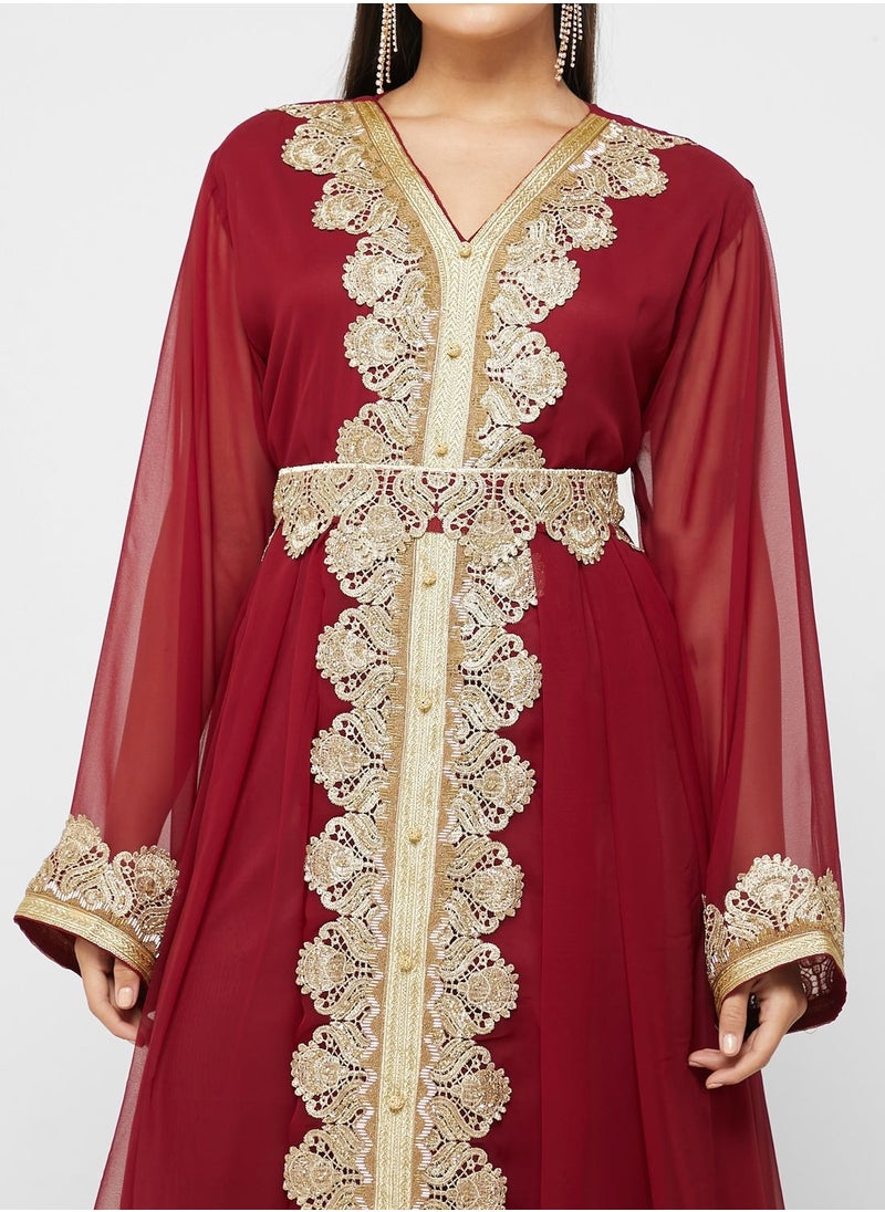 hayas closet Embellished V-Neck Belted Dress  - Image 3