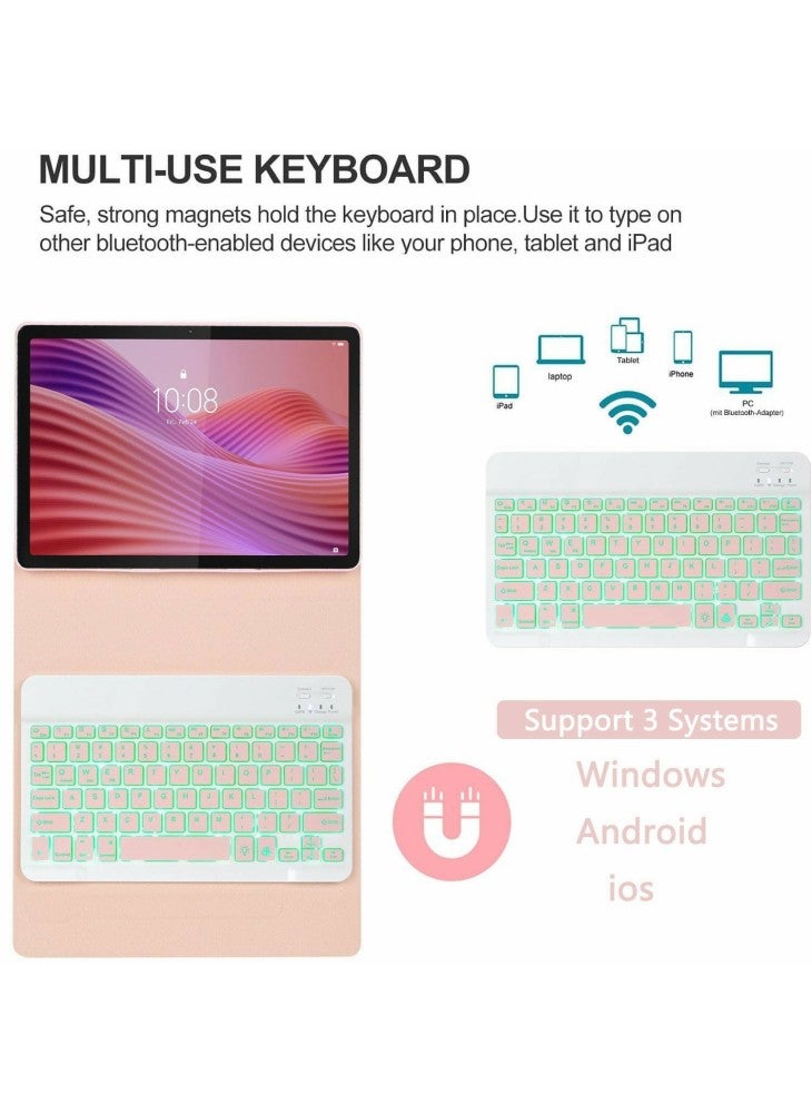 لجهاز Lenovo Tab 10.1 (2025) TB-311FU/TB-311XU، مجموعة لوحة مفاتيح متوافقة مع بلوتوث بتصميم بإضاءة خلفية مع ماوس - وردي - Image 3