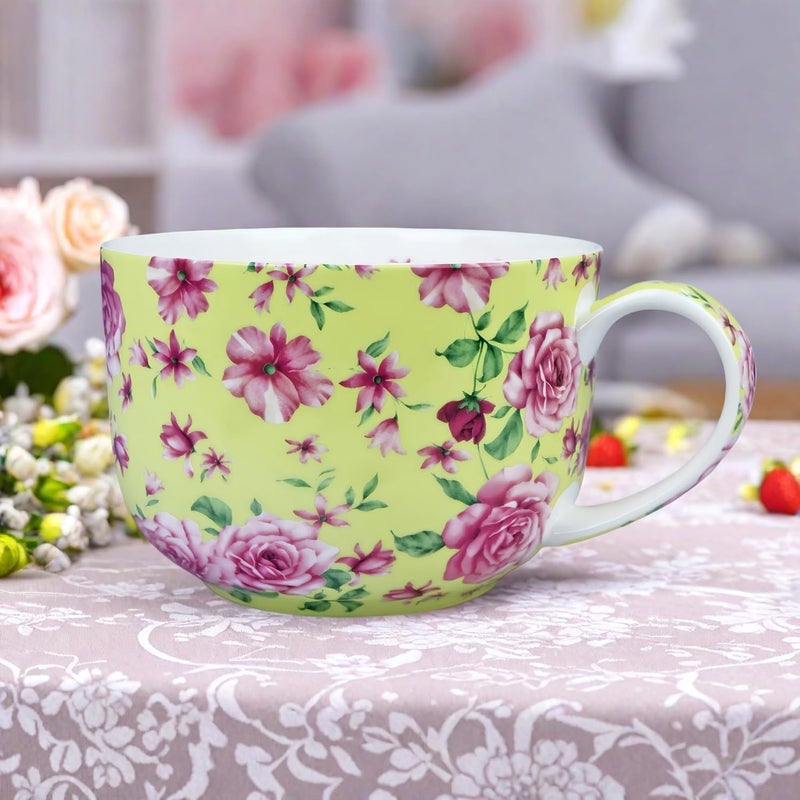 YUESITE كوب قهوة كبير سعة 25 أونصة وأوعية حساء مع مقابض أكواب حساء كبيرة من البورسلين العظمي لكوب الحساء وعاء الحساء للقهوة والحبوب واللاتيه وردة صفراء زاهية - Image 4