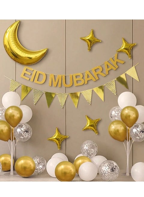 زينة العيد المبارك مجموعة من 35 قطعة مؤلفة من بالون كبير بشكل هلال و بوالين بشكل نجوم و لافتة باحرف كبيرة لكلمة عيد مبارك و لافتة باعلام الزينة و مجموعة بوالين ملونة