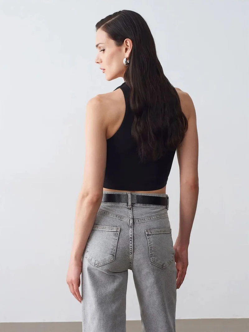 Dilvin DILVIN Ribbed Sleeveless Crop Blouse