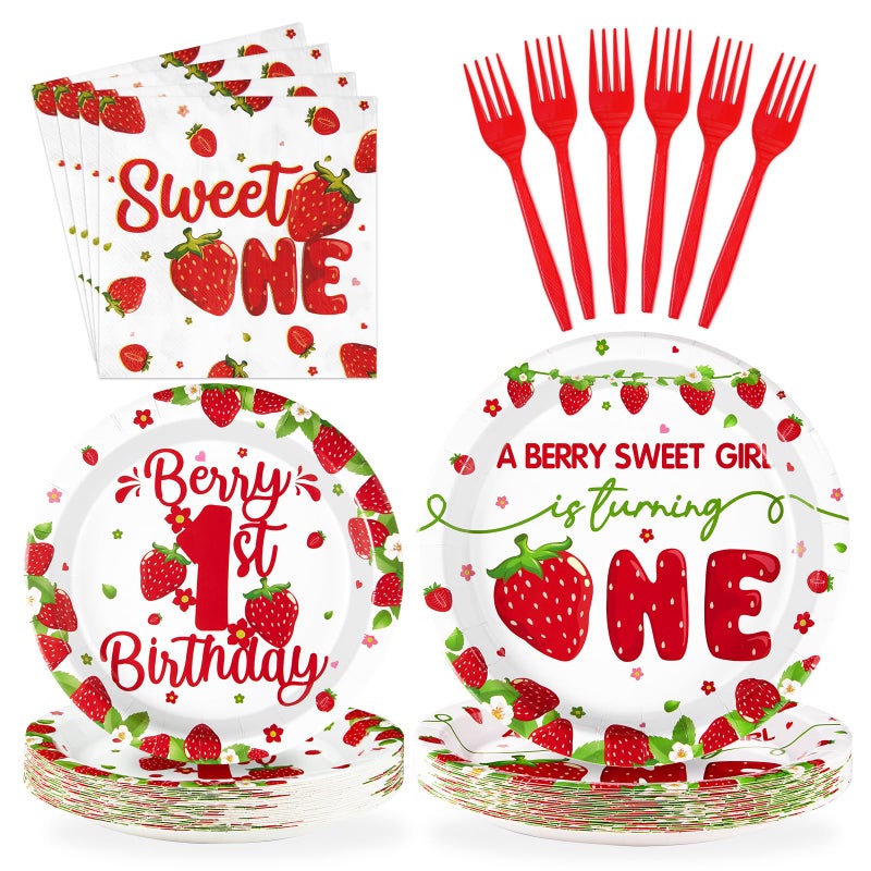 Grencian 96Pcs Strawberry 1st Birthday Decorations for Girls Berry First Plates and Napkins Tableware Strawberry Sweet One Birthday Decorations for Baby Shower One Years Old Strawberry Party Supplies Serve 24 - Image 1