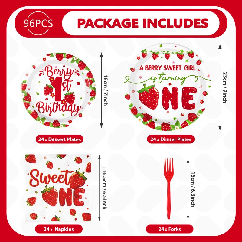 Grencian 96Pcs Strawberry 1st Birthday Decorations for Girls Berry First Plates and Napkins Tableware Strawberry Sweet One Birthday Decorations for Baby Shower One Years Old Strawberry Party Supplies Serve 24 - Image 2