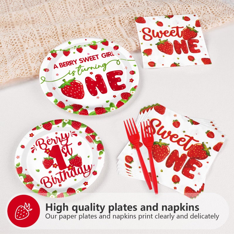 Grencian 96Pcs Strawberry 1st Birthday Decorations for Girls Berry First Plates and Napkins Tableware Strawberry Sweet One Birthday Decorations for Baby Shower One Years Old Strawberry Party Supplies Serve 24 - Image 4
