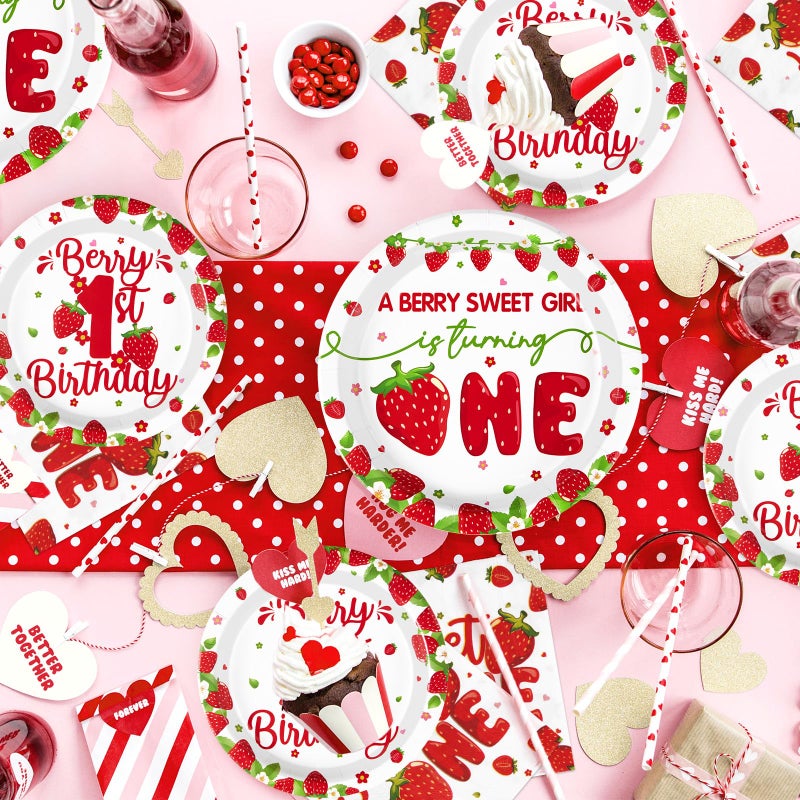 Grencian 96Pcs Strawberry 1st Birthday Decorations for Girls Berry First Plates and Napkins Tableware Strawberry Sweet One Birthday Decorations for Baby Shower One Years Old Strawberry Party Supplies Serve 24 - Image 5
