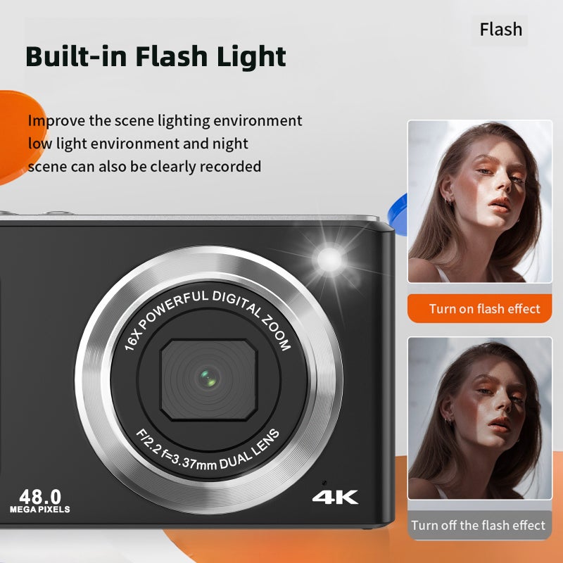 4K Digital Camera Digital Video Camera 48MP Dual Lens 2.8 Inch IPS Screen Auto Focus 16X Digital Zoom Built-in Flash Battery with 32GB TF Card Birthday Festival Gift for Kids Students Teenagers - Image 5